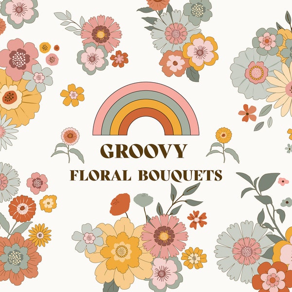 Groovy floral bouquets, Groovy flowers clipart, Retro flowers clipart, Boho groovy flowers, Boho hippie clipart, 9 images, PNG files.