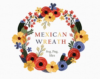 Mexican Floral Wreath Clipart: Colorful Cactus and Flowers Design (1 SVG & PNG Files)