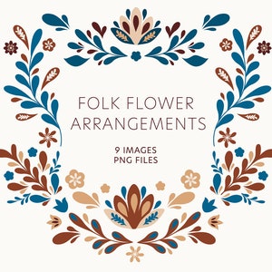 Clipart fleurs folkloriques scandinaves - 9 fichiers PNG dessinés à la main avec fond transparent pour impressions, décoration de mariage, journaux et travaux manuels