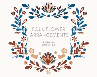 Folk Flower Clipart: Scandinavian Nordic Art, 9 PNG Images (Digital Download)