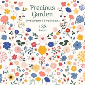 Clipart floreali di preziosi giardini: 128 fiori selvatici e bouquet vettoriali in formato EPS e PNG per matrimoni, diari, modelli e loghi.