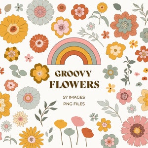Groovy Floral Clipart: Retro Flower Graphics, 57 PNG Files