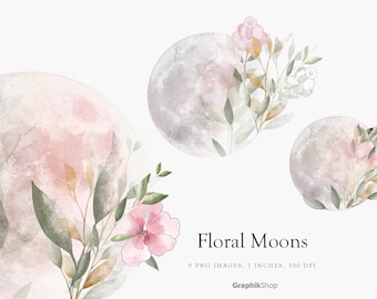 Watercolor Floral Moon Clipart: Dreamy Botanical PNG Images (9 Images, Digital Download)