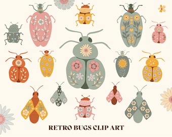Retro Floral Bug Clipart – Whimsical Hand-Drawn Insect PNGs