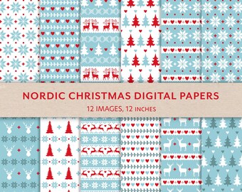 Papel digital navideño nórdico azul: 12 archivos JPG de arte popular escandinavo (30 cm, 300 DPI)