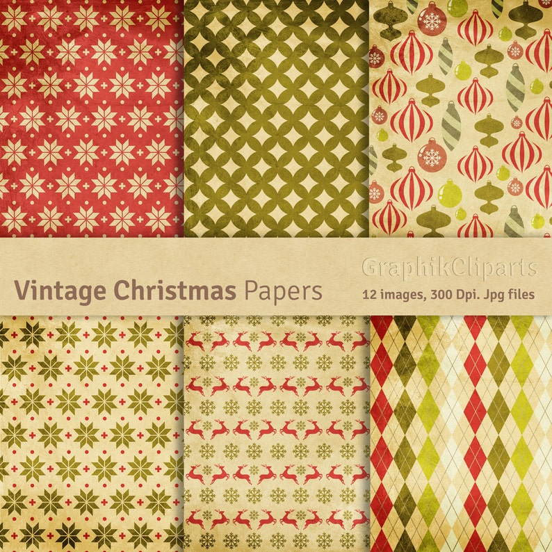 12 Jpg files. Retro digital paper Vintage christmas paper pack