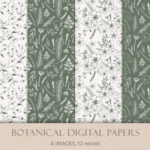 Groen botanisch digitaal papier, digitaal papier met kleine bloei, zacht bladpapier, bloemenlijnkunstpapier, 4 afbeeldingen, jpeg-bestanden.