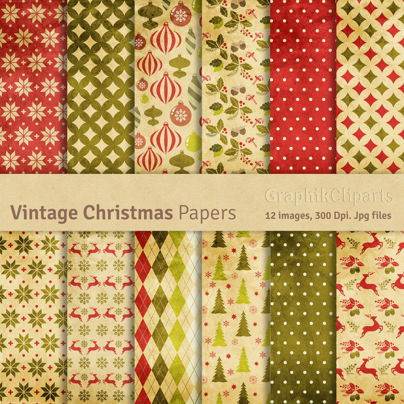 12 Jpg files. Retro digital paper Vintage christmas paper pack