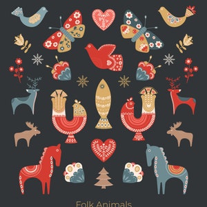 Clipart animaux folkloriques - 22 animaux d'art populaire scandinave et nordique, oiseaux et éléments de Noël pour autocollants, cartes, travaux manuels - fichiers PNG, 20 cm (20 cm)
