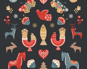 Folk Art Animal Clipart: Scandinavian Christmas Stickers (22 PNG files)