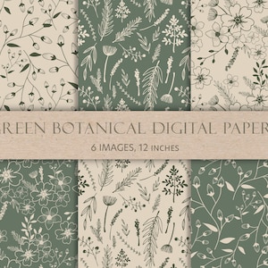 Papeles digitales botánicos verdes, papel digital con pequeñas flores, papeles de hojas suaves, papeles de arte lineal floral, 6 imágenes, archivos JPEG.