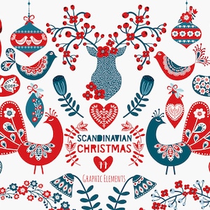 Pacchetto Creatore di Natale Scandinavo - 77 Elementi Clipart di Arte Popolare: Biglietti, Cornici, Palline, Bouquet, Motivi, Lettering. File PNG - JPEG.