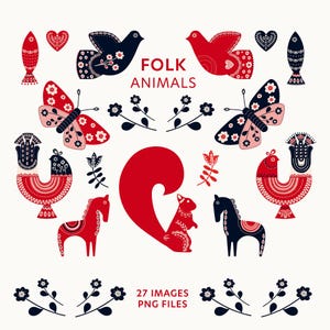 Folk Animals Clipart – 27 Scandinavian & Nordic Folk Art Animals and Birds for Stickers, Wall Art, Journals – 8" Hand Drawn PNG Files.
