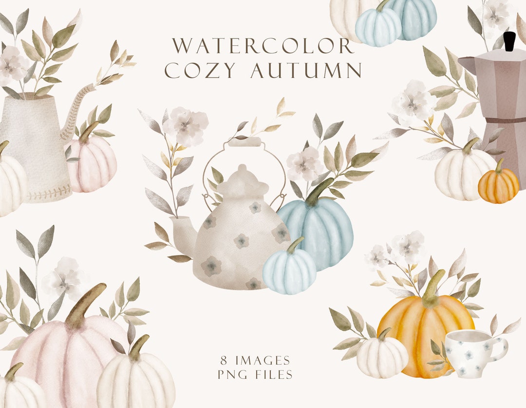 Boho Fall Pumpkin Watercolor Clipart – 8 Pastel Pumpkins and Floral ...