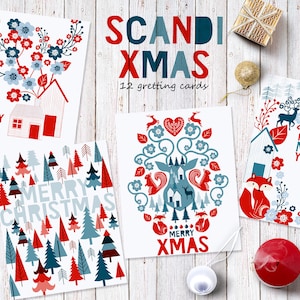 Scandinavian Christmas Cards – 12 Printable Holiday Folk Art Cards, Nordic Xmas Clipart for Digital Greetings, PNG & JPEG Files, 8x10&quot;.