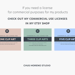 May include: Three square cards with rounded corners, each with a different color background and a black border. The cards are labeled "Commercial Use License For:" and then "One Clip Art", "Three Clip Arts", and "Five Clip Arts". Each card has a small icon of a camera in the top right corner.