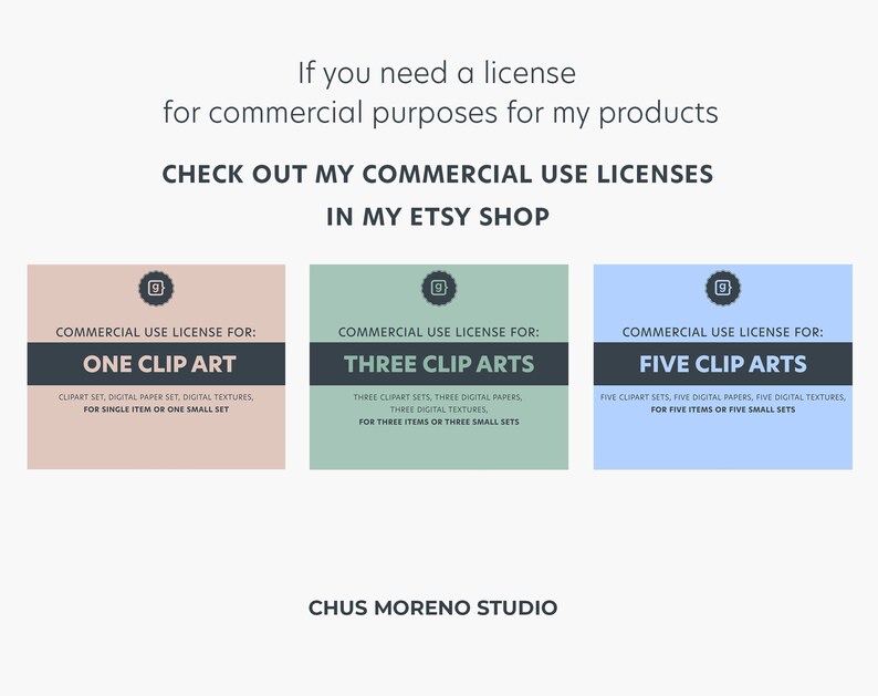 May include: Three square cards with rounded corners, each with a different color background and a black border. The cards are labeled "Commercial Use License For:" and then "One Clip Art", "Three Clip Arts", and "Five Clip Arts". Each card has a small icon of a camera in the top right corner.
