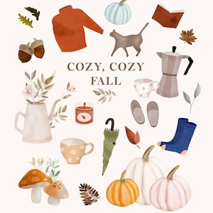 Gemütlicher Herbst Aquarell Clipart: 23 Herbst Essentials - Pullover, Tassen, Kürbisse (PNG Dateien)