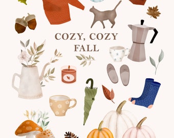 Cozy Autumn Watercolor Clipart: 23 Fall Essentials - Sweaters, Pumpkins, Mugs (PNG files)