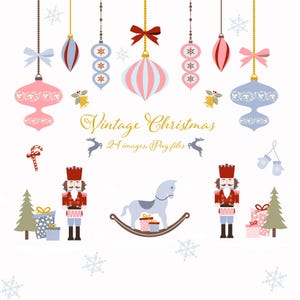 Clipart navideño vintage: 24 ilustraciones PNG retro con adornos y cascanueces