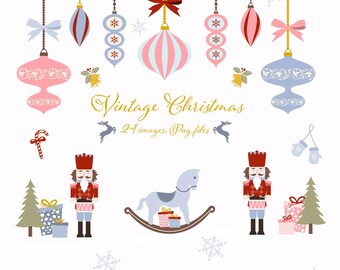 Vintage Christmas Clipart: 24 Retro PNG Illustrations with Ornaments & Nutcrackers
