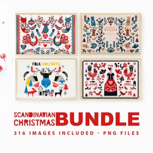 Scandinavian Christmas Clipart BUNDLE – 316 Nordic Folk Art Elements for Holiday Crafts, Cards, Decor & Printables – PNG Files, 300 DPI.