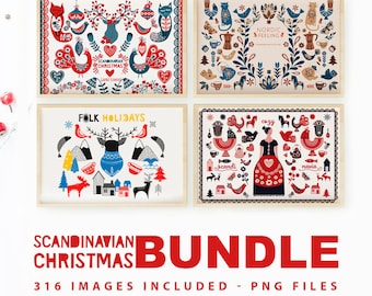 Scandinavian Christmas Bundle: Nordic Folk Art Clip Arts for Holiday Crafts (316 PNG Files)
