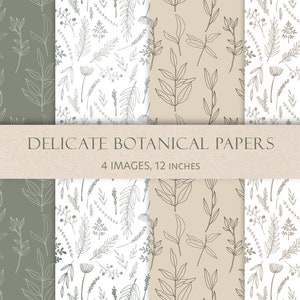 Delicate Botanical Papers, motivi botanici neutri color verde salvia e beige, carta digitale 12x12 per scrapbooking e design, file JPEG.