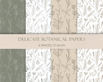 Botanical Texture Papers: Beige and Sage Green Floral Papers for Scrapbooking (4 JPEG files)