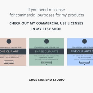 May include: Three colourful squares with text describing commercial use licenses for clip art, digital papers, and textures. The text reads "Commercial Use License For:" followed by "One Clip Art", "Three Clip Arts", and "Five Clip Arts Sets". The text also includes details about the number of items or sets the license covers. The bottom of the image reads "Chus Moreno Studio".