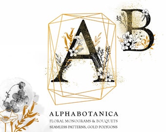 May include: Floral monogram designs featuring the letters A and B, adorned with botanical illustrations and gold accents. The letter A is enclosed in a gold geometric frame. The image also includes the text "ALPHABOTANICA".