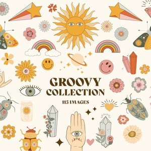 Groovy Clipart Bundle – 115 Retro Hippie Elements for Stickers, Invitations, Scrapbooking, Classroom Decor, Procreate and Printables.