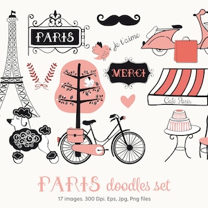 Clipart de París para pegatinas y diarios: garabatos franceses con Torre Eiffel, escena de cafetería, bicicleta, caniche, Vespa: 17 archivos PNG, EPS y JPG.