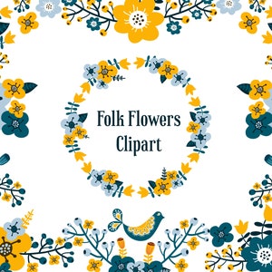 Scandinavian Folk Flowers Clipart, Scandinavian Clipart, Nordic Folk Art, Folk Floral Clipart, 18 images, EPS and PNG files.