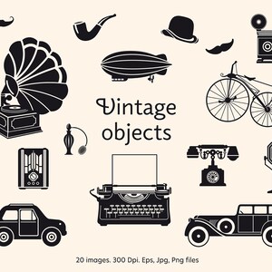 Clipart di oggetti d'epoca, Clipart di vecchio stile, Clip art d'epoca, Clipart di mezzi di trasporto, Clipart di macchine da scrivere, 20 immagini - File EPS, PNG.