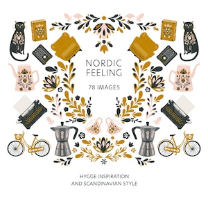 Scandinavian Hygge Clipart, Nordic Folk Art Bundle, Cozy Home PNG, Swedish Christmas Clip Art, 76 PNG Graphics for Crafts, Cards & Design.