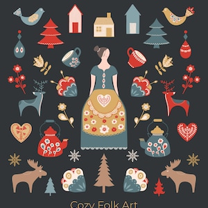 Clipart di arte popolare scandinava accogliente - 29 elementi natalizi Hygge: donna, casa, teiere, animali e decorazioni per adesivi e biglietti - File PNG