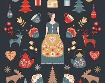 Scandinavian Folk Art Clipart: 29 Hygge Christmas Elements (Woman, Home, Animals PNG)