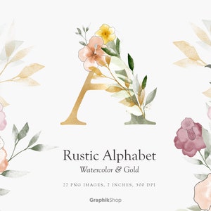 Alfabeto floral de acuarela: letras botánicas rústicas con acentos dorados para invitaciones de boda, citas, empaques, impresiones: 27 archivos PNG.