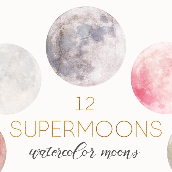 Watercolor Full Moon, Moon Clipart, Dreamy Moon, Celestial Clipart, Celestial Watercolor, Watercolor Moons, 12 images, PNG files.