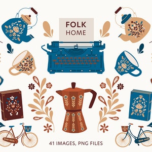 Folk Home Clipart, House Clipart with Hygge Style, Scandinavian Clipart, Nordic Folk Art with Cozy images, 41 PNG files.