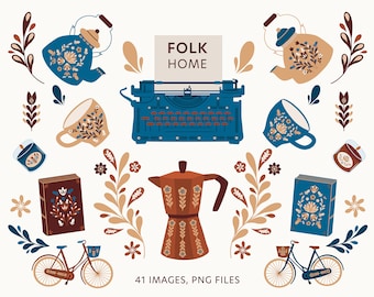 May include: A collection of folk art style illustrations featuring a typewriter, teapots, mugs, books, candles, bicycles, and floral motifs in blue, brown, and white.