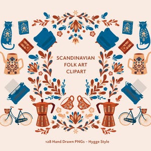 Clipart di arte popolare scandinava: 128 PNG accoglienti con sfondo trasparente per stampe, agende, diari, matrimoni e decorazioni per la casa