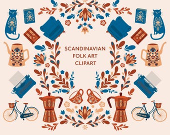 Scandinavian Folk Art Clipart: Cozy Nordic Illustrations (128 PNGs Files, Digital Download)