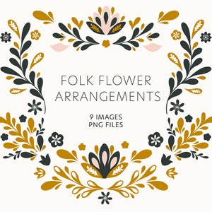 Clipart di composizioni floreali popolari, Clipart scandinave, Arte popolare nordica, Clipart floreali popolari, Clipart di arte popolare, 9 immagini, file PNG.