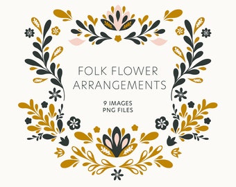 Folk Floral Arrangements Clipart: Scandinavian Nordic Art (9 PNG files)