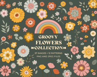 Groovy floral Collection, Groovy floral clipart, Retro flowers clipart, Boho hippie clipart, 69 images, PNG and JPEG files.