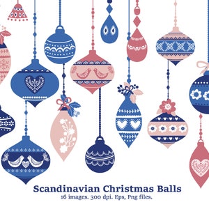 Decorazioni natalizie scandinave: 16 palline di arte popolare, clipart delle festività nordiche per biglietti, calendari dell'Avvento e materiale stampabile, file PNG ed EPS.