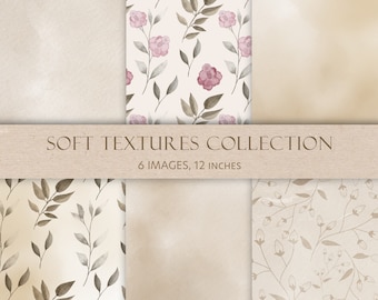 May include: A collection of six digital paper textures featuring watercolor floral patterns and soft, muted colors. The patterns include delicate branches with leaves, pink flowers, and a subtle watercolor background. The papers are 12 inches in size.