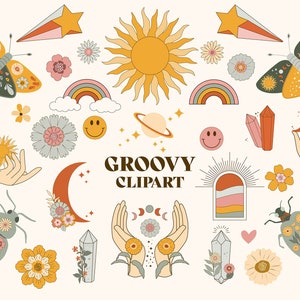 Groovy Clipart Pack: 35 ilustraciones bohemias retro para calcomanías, decoración de cumpleaños, arte para el aula, diarios y marcas / Archivos PNG de 300 DPI.